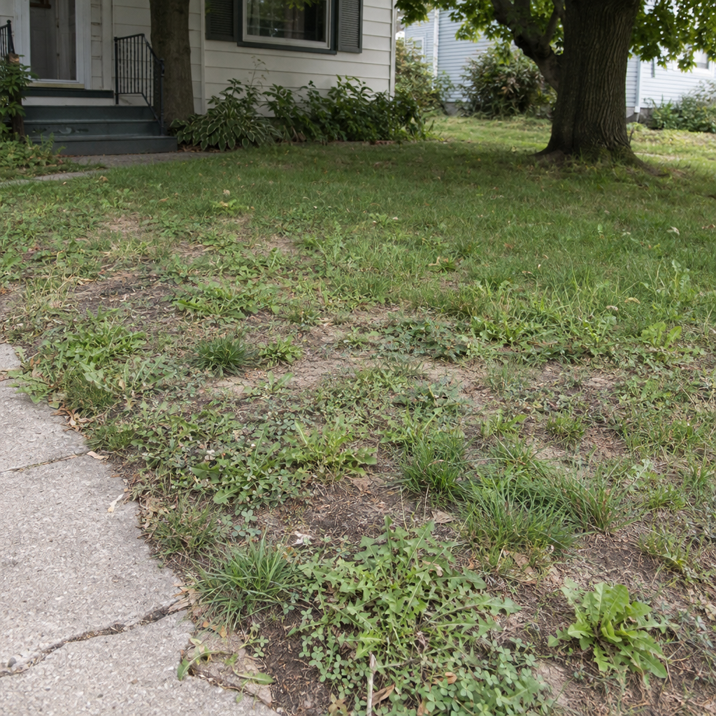 A thin front lawn with bare soil and weeds showing between patches of grass