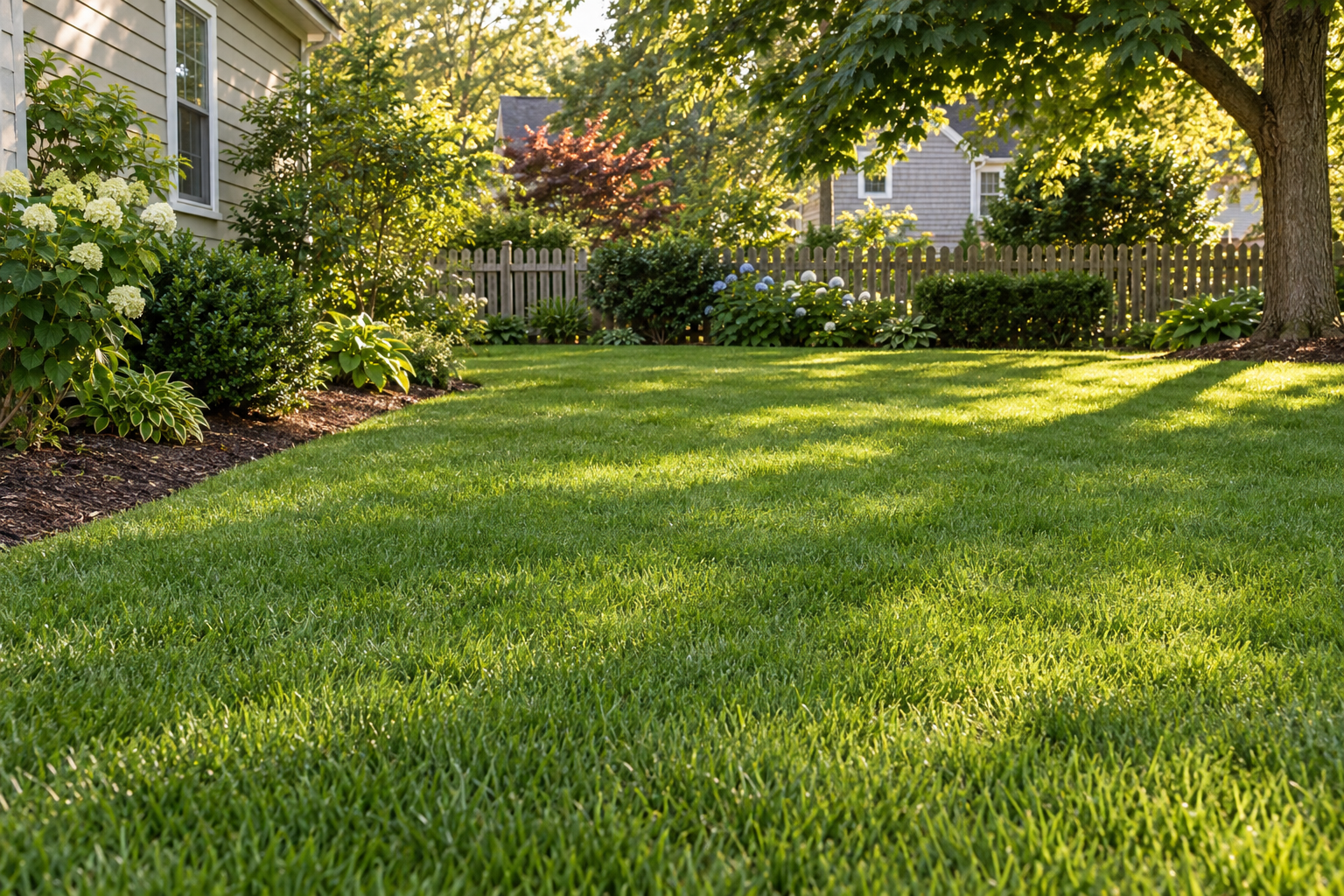 A thick, even back lawn with no weeds beside a mulched bed in late afternoon light