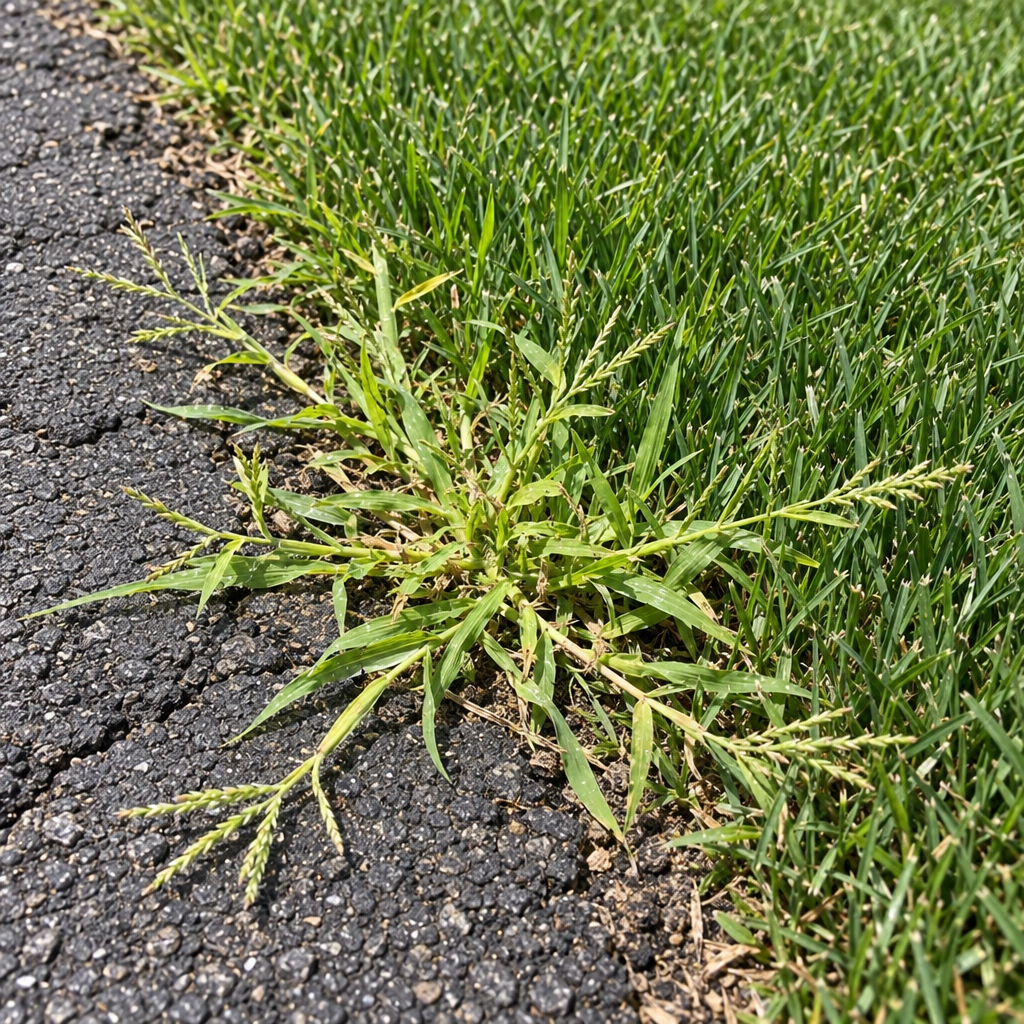 A crabgrass clump spreading out of a driveway crack into a Providence lawn, the kind weed control stops