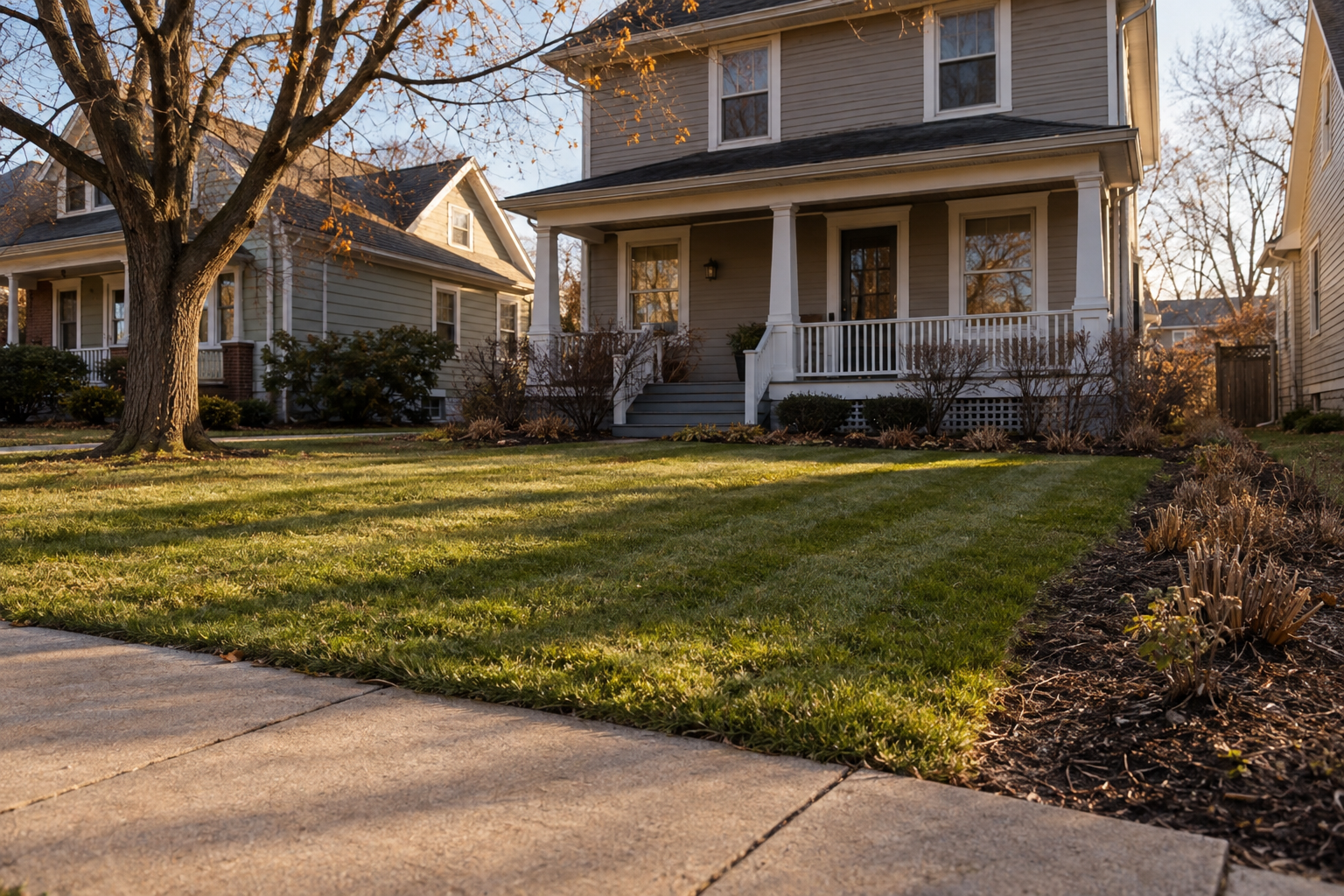 A small front lawn mowed short for the last time in fall, its bed cut back under a bare maple