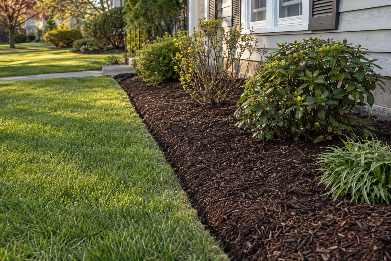 A freshly edged bed topped with dark mulch beside a trimmed lawn
